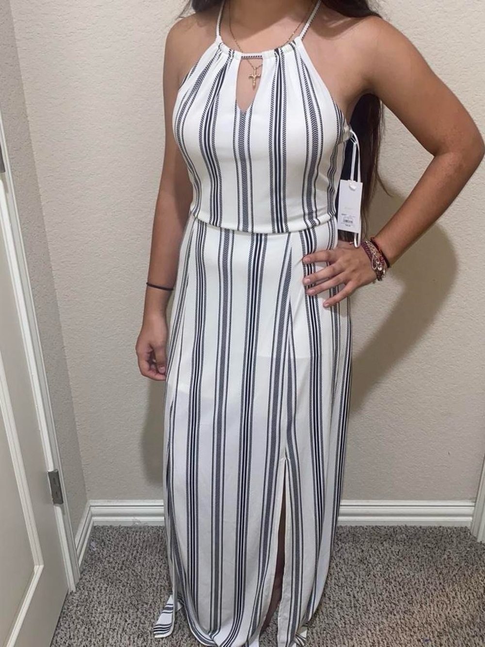 Candie's White and Navy Striped Halter Maxi Dress